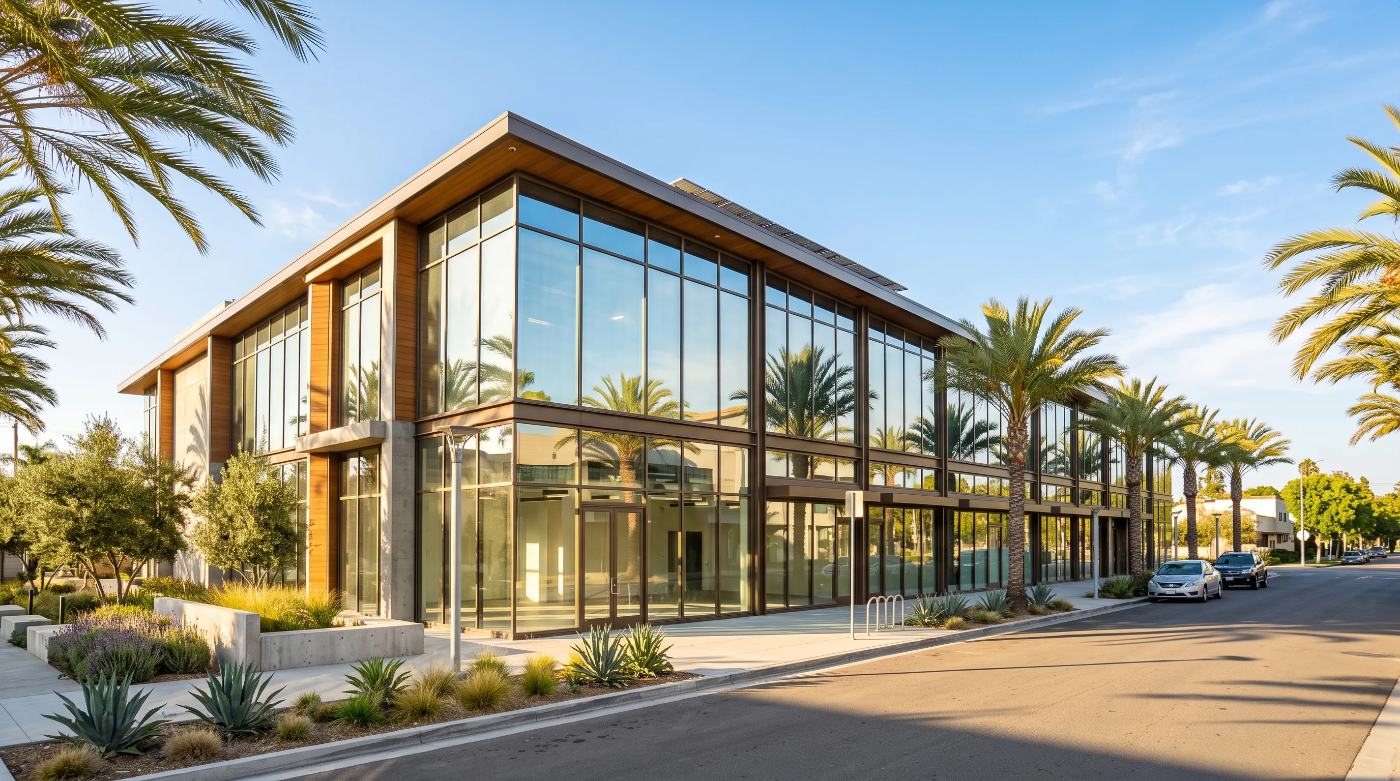 Modern glass-fronted commercial office building in bright California summer sun