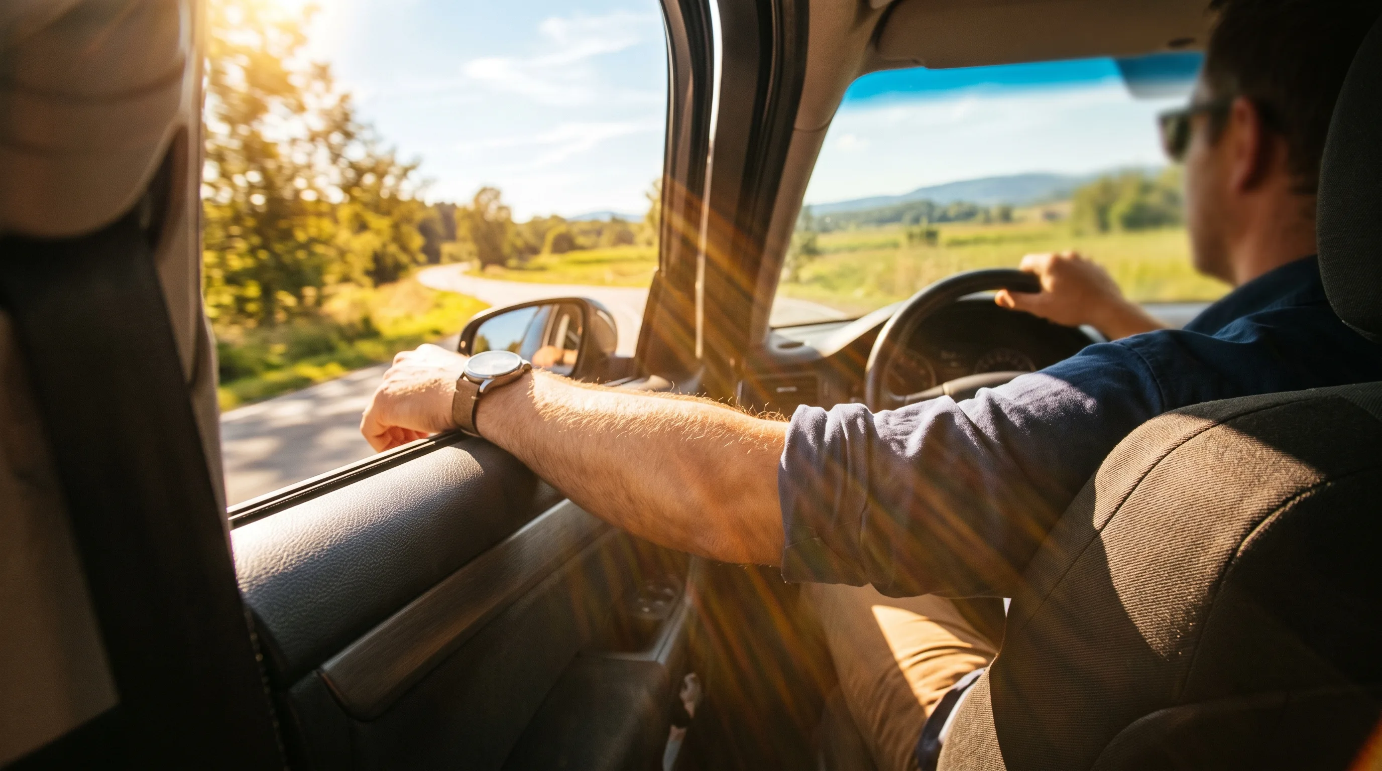 Bright sunlight streaming through a car side window onto the arm of a driver