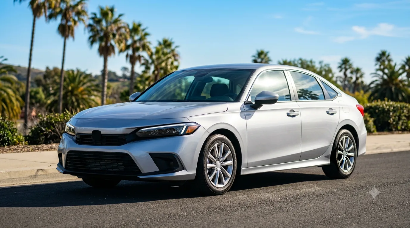 Silver sedan with tinted windows parked in bright California sunshine