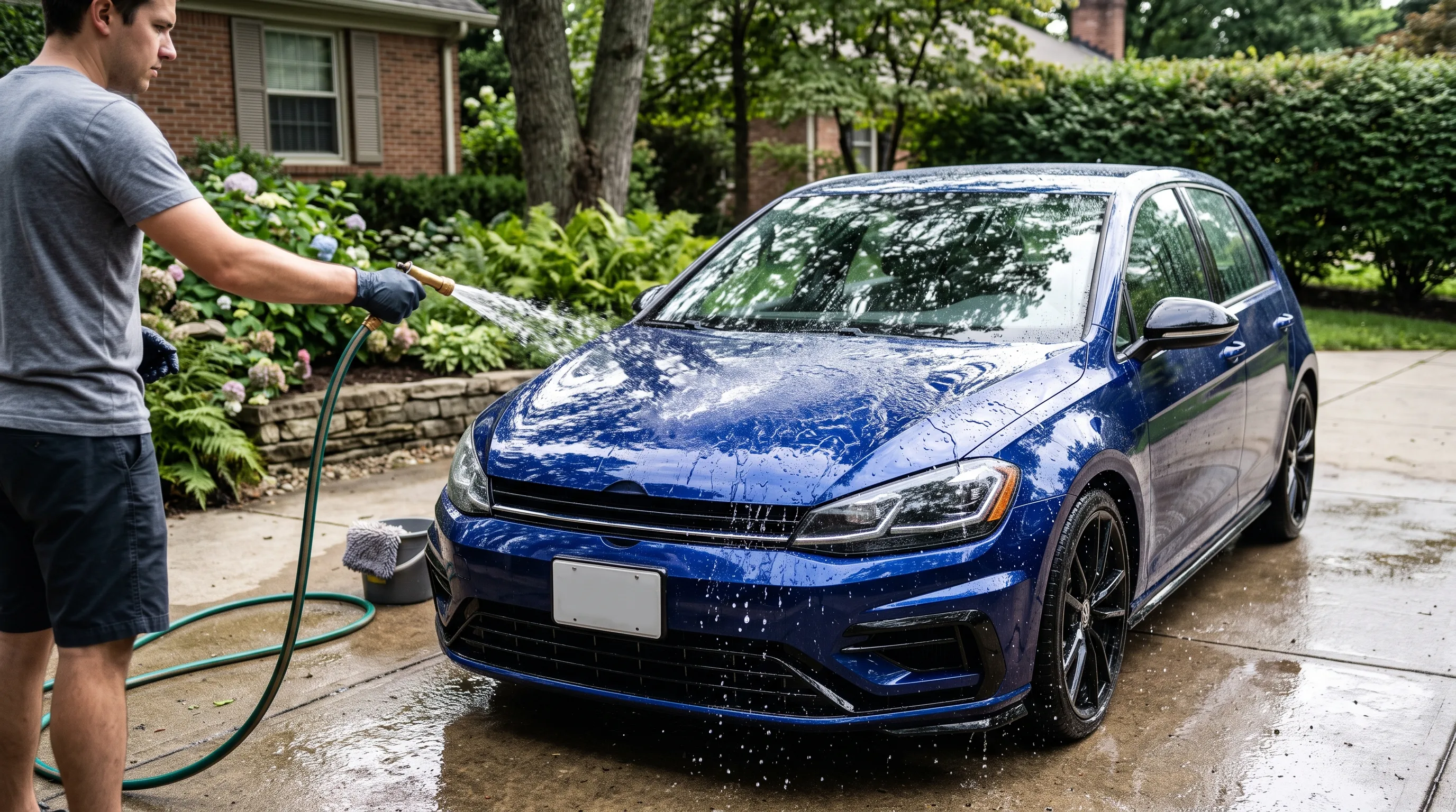 Person hand-washing a glossy blue car with water beading off the ceramic-coated paint