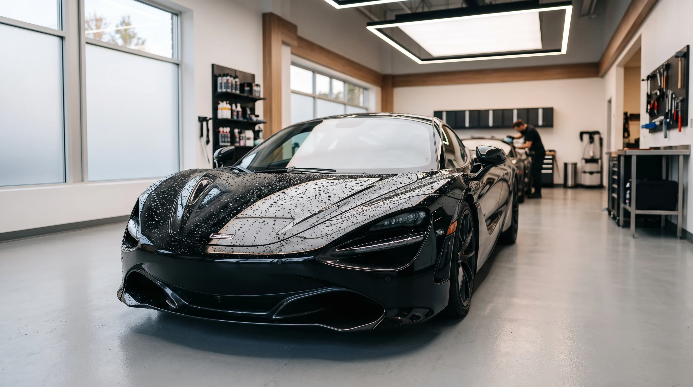 Glossy black sports car with water beading on freshly protected paint in a detailing studio